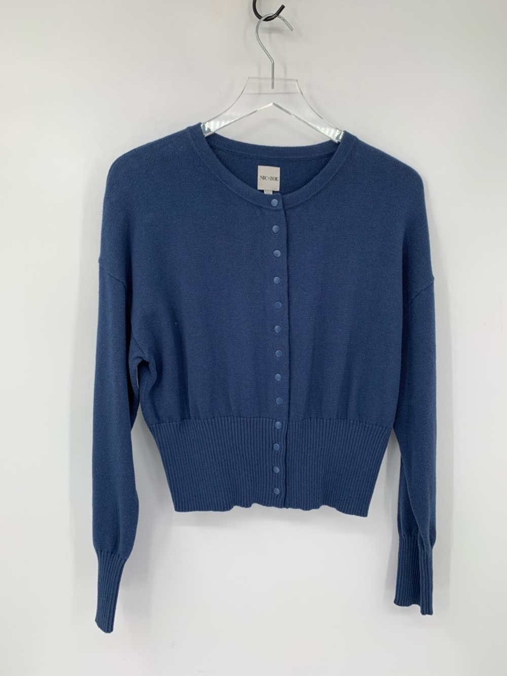 NIC+ZOE snap front cardigan sweater ocean blue cotton short cropped new Medium